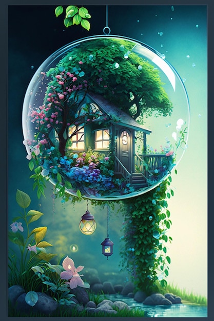 Een schilderij van een huis in een glazen bol met daarin een boomhut.