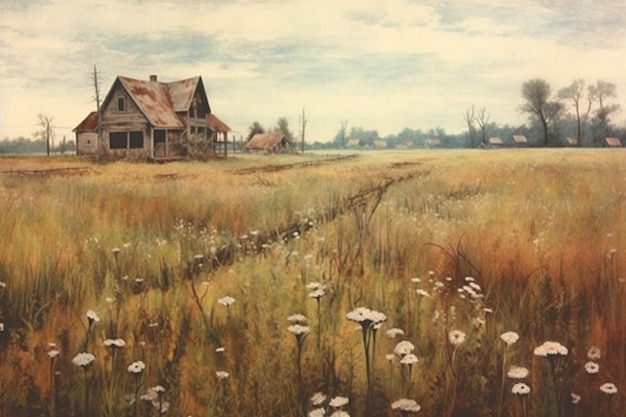 Een schilderij van een huis in een veld met bloemen op de grond.