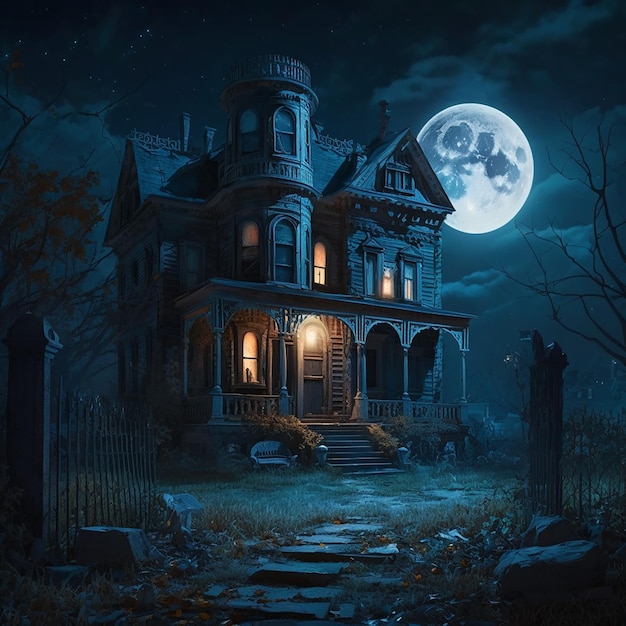 Een schilderij van een huis met de maan op de achtergrond.