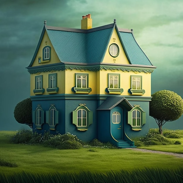 Een schilderij van een huis met een blauw dak en een groene boom op de achtergrond.