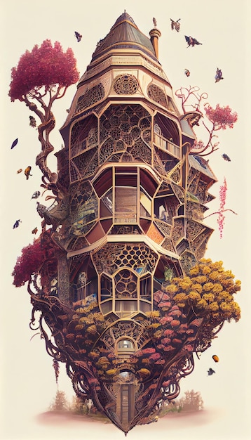 Een schilderij van een huis met een boom erop.