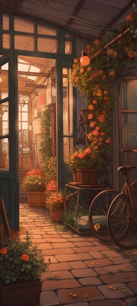 Een schilderij van een huis met een fiets en bloemen