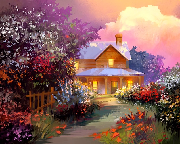 Een schilderij van een huis met een hek en bloemen op de voorgrond.
