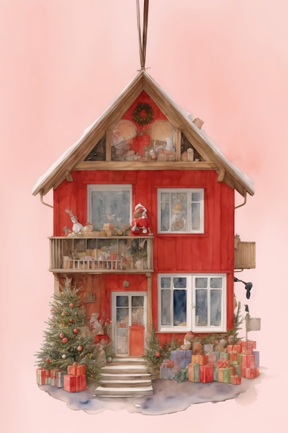 Een schilderij van een huis met een kerstboom ervoor