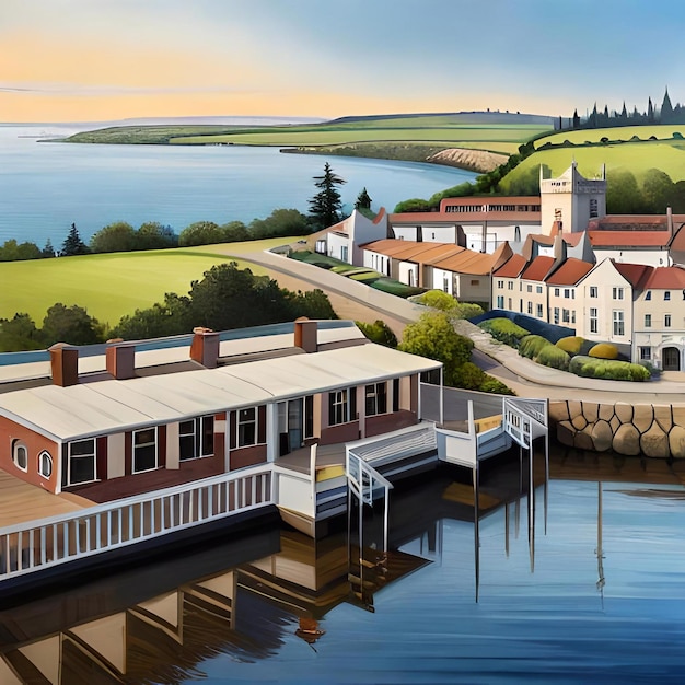 Een schilderij van een huis met een meer en een huis op de achtergrond