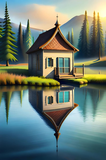 Een schilderij van een huis met een meer op de achtergrond