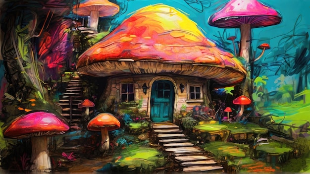 een schilderij van een huis met een paddenstoel aan de voorkant