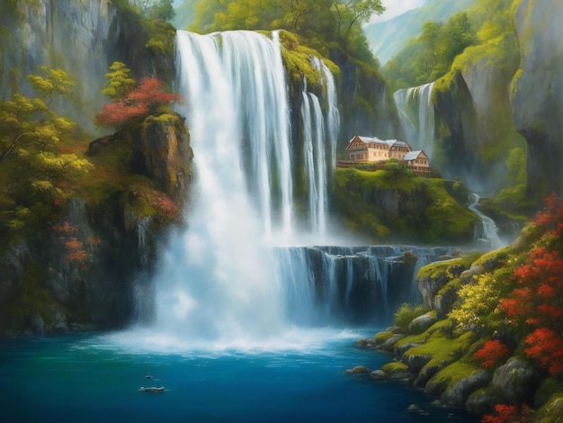 Een schilderij van een huis met een waterval op de achtergrond ai gegenereerd
