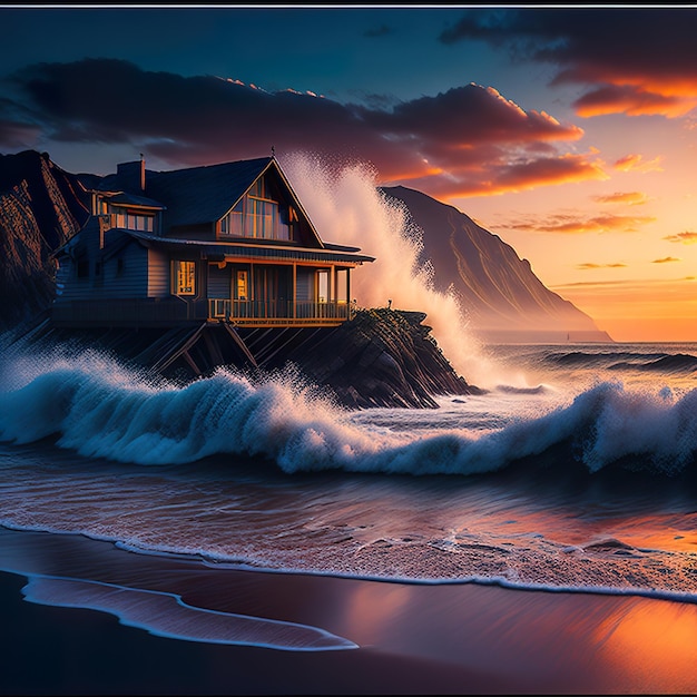 Een schilderij van een huis op een rotsachtig strand met golven die op de kust botsen.