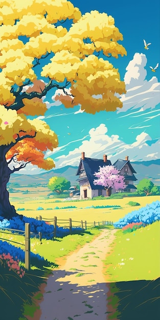 Een schilderij van een huis op het platteland met een boom en een huis op de achtergrond.