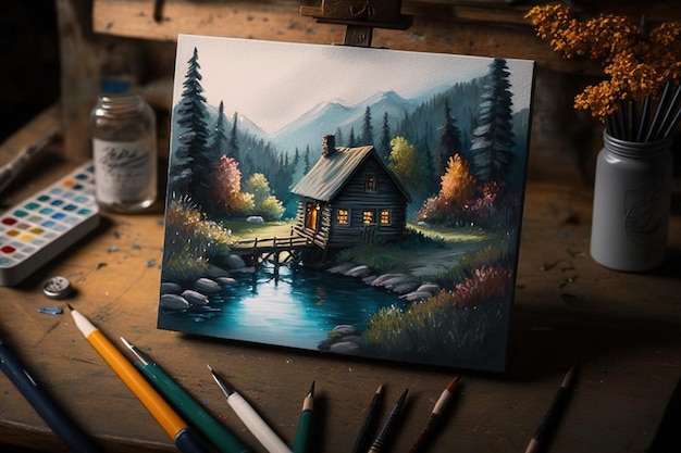 Een schilderij van een hut aan een rivier