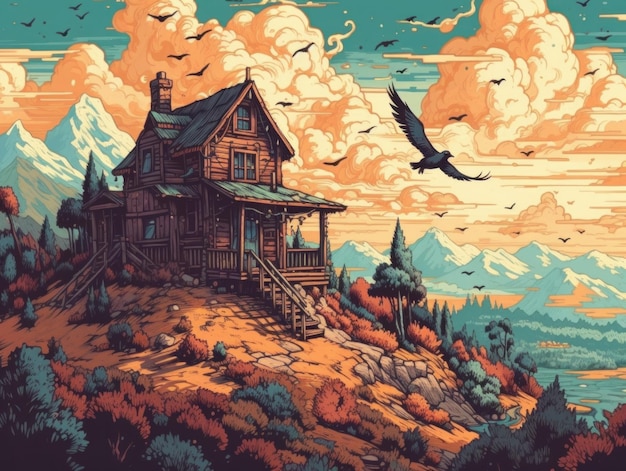 Een schilderij van een hut in de bergen waar vogels omheen vliegen.