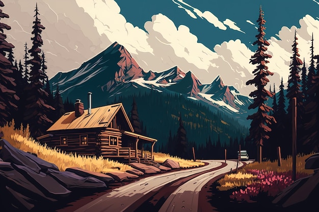 Een schilderij van een hut in de bergen