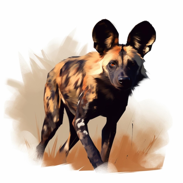 Een schilderij van een hyena met een zwarte vlek op zijn gezicht.