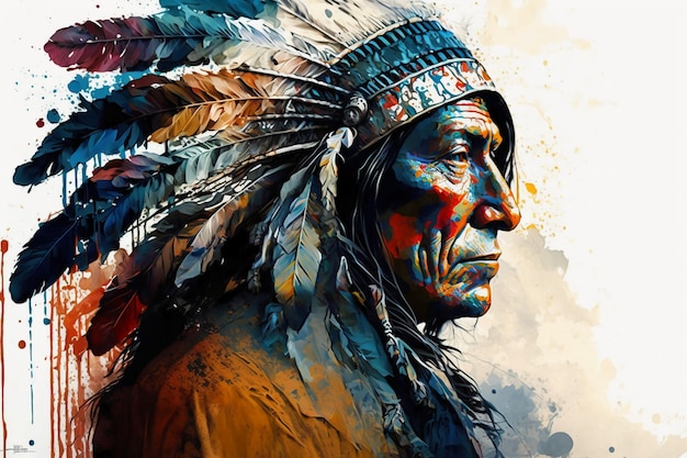 Een schilderij van een indiaanse opperhoofd met veren op zijn hoofd.