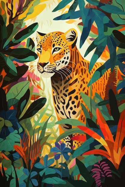 Een schilderij van een jaguar in de jungle