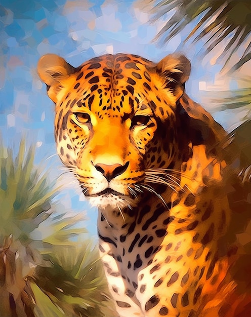 Een schilderij van een jaguar met een blauwe achtergrond waarop de zon schijnt.