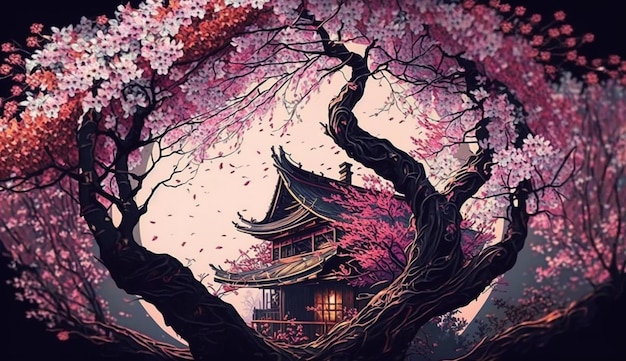 Een schilderij van een Japans huis met een boom op de voorgrond en een roze gebouw op de achtergrond.