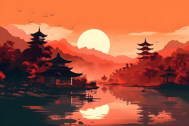 Een schilderij van een japans landschap met een zonsondergang en een pagode