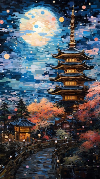 Een schilderij van een Japanse pagode bij de maan