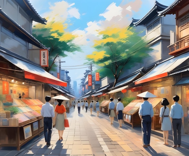 een schilderij van een Japanse straatscène met mensen die voor een Japanse markt lopen