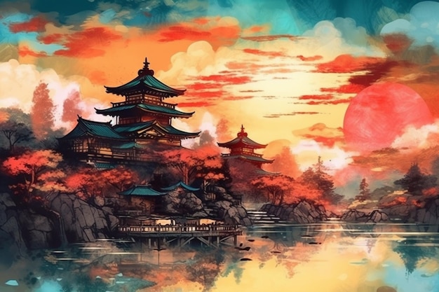 Een schilderij van een Japanse tempel met een maan op de achtergrond
