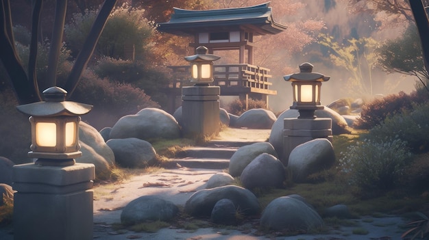 Een schilderij van een Japanse tuin met een pagode op de achtergrond generatieve ai-afbeelding