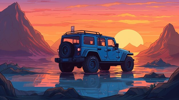 Foto een schilderij van een jeep voor een zonsondergang.