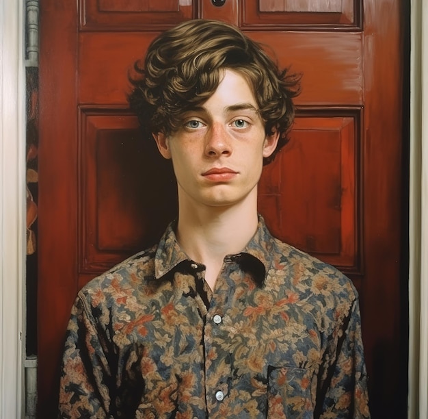 Een schilderij van een jonge man met krullend haar en een gebloemd overhemd.
