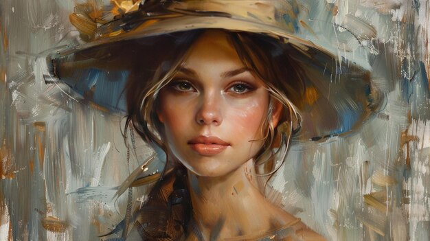 Een schilderij van een jonge vrouw met een hoed.