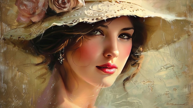 Een schilderij van een jonge vrouw met een hoed.