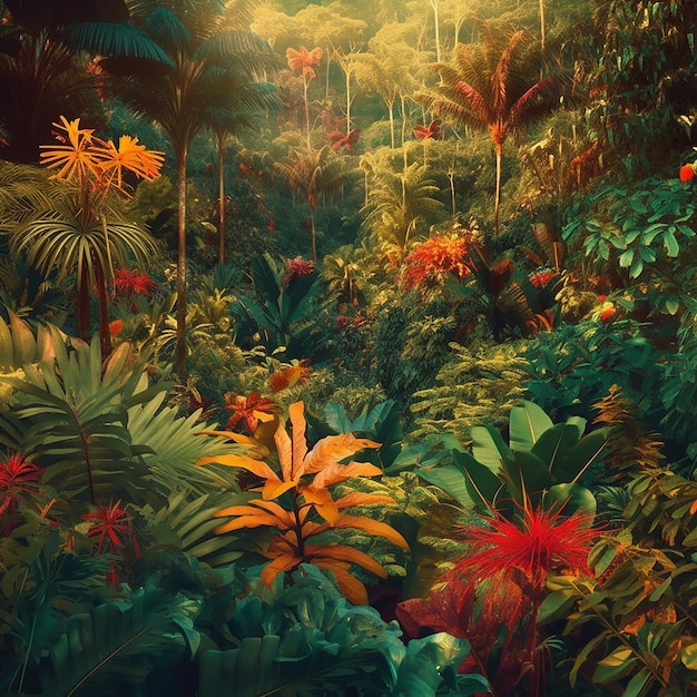 Een schilderij van een jungle met een jungletafereel.