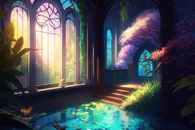 Een schilderij van een kamer met een raam en een vijver met een vis erop.