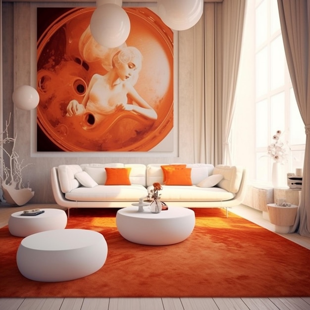 een schilderij van een kamer met een rode en oranje achtergrond