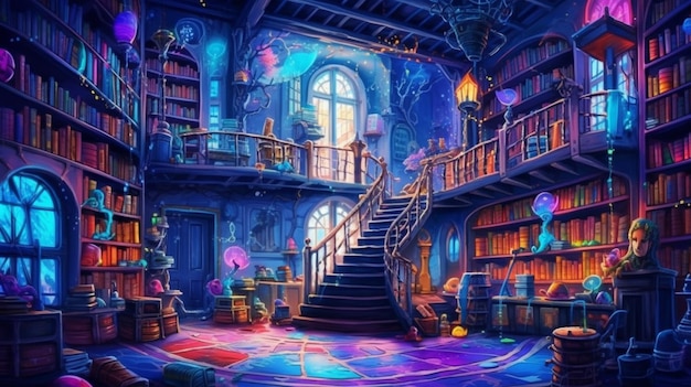 Een schilderij van een kamer met een trap en een trap die naar een boekenkast leidt generatieve ai