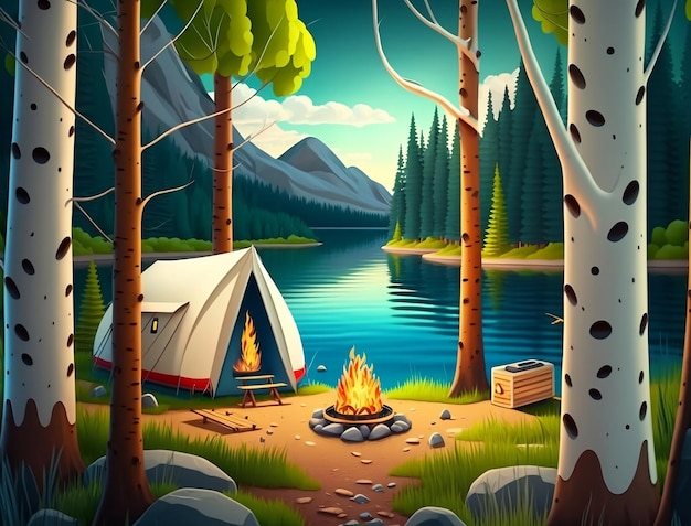 Een schilderij van een kampvuur bij een meer met een bos en bergen op de achtergrond.