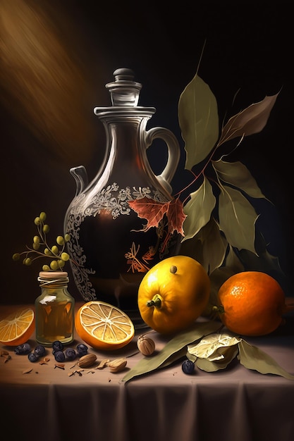 Een schilderij van een kan siroop en een fles fruit.