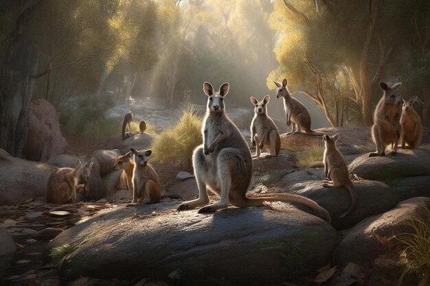 Een schilderij van een kangoeroe in het bos