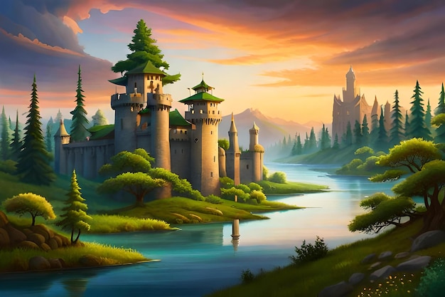 Een schilderij van een kasteel aan de rivier met een kasteel op de achtergrond.
