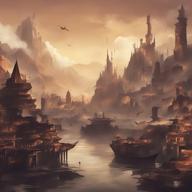 Een schilderij van een kasteel en een stad per persoon