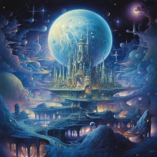 Een schilderij van een kasteel met een planeet op de achtergrond.