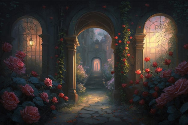 Een schilderij van een kasteel met rozen erop