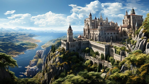 Foto een schilderij van een kasteel op een klif met uitzicht op de oceaan