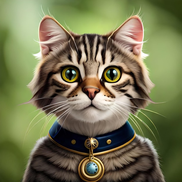 Een schilderij van een kat die een halsband draagt met een blauw label waarop de naam van de kat staat