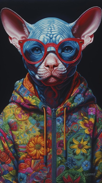 Een schilderij van een kat die een hoodie draagt met de tekst 'kat' erop