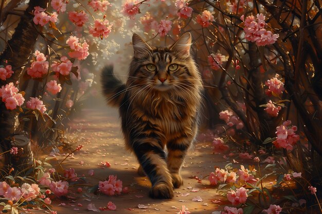 Een schilderij van een kat die elegant door een weelderig bos loopt