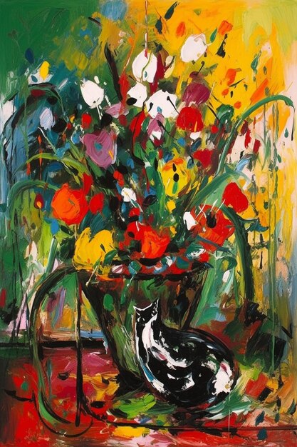 Een schilderij van een kat en bloemen in een vaas.