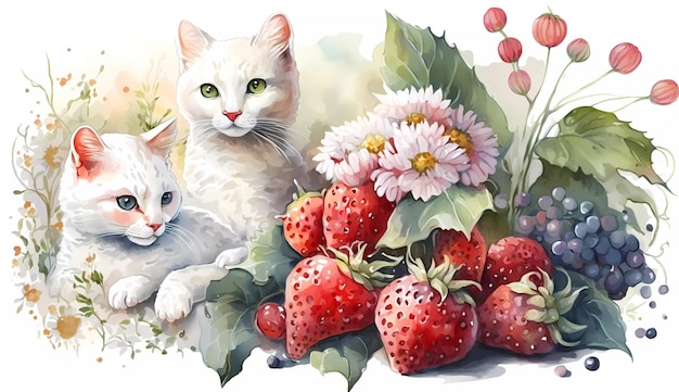 Een schilderij van een kat en een bos aardbeien
