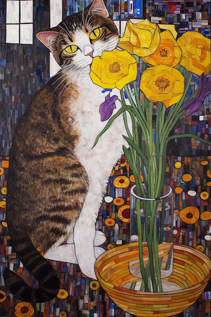 Een schilderij van een kat en een vaas met bloemen met het woord narcissen erop.