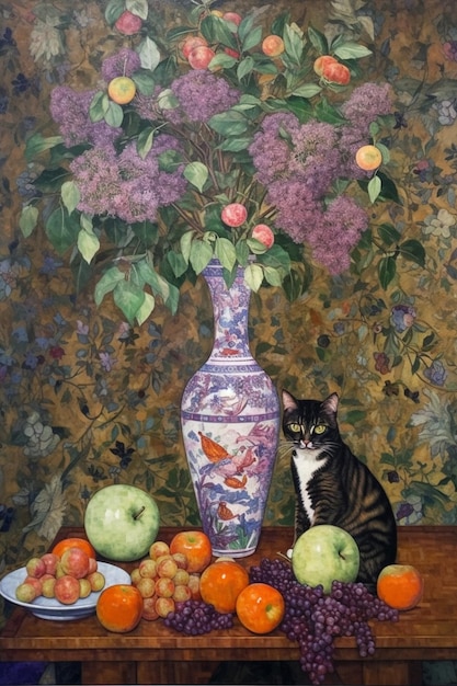Een schilderij van een kat en een vaas met bloemen staan op een tafel.